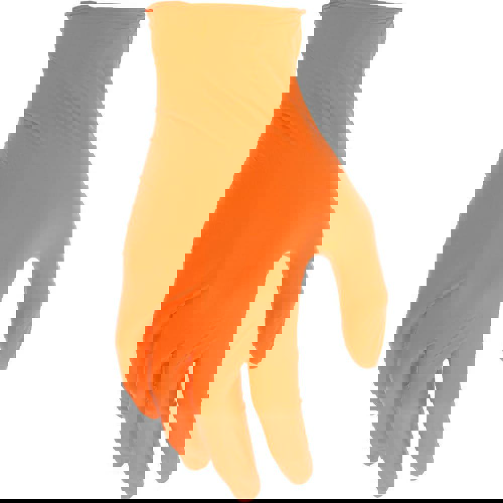 Disposable/Single Use Gloves; Primary Material: Nitrile ; Thickness (mil): 3.5000mil ; Grip Surface: Textured Palm & Fingers ; Grade: Food ; Glove Size: Large ; Color: Orange